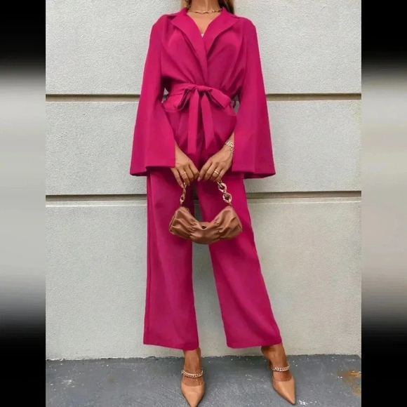 Pants - Split Sleeve Belted Blazer & Wide Leg Pants
